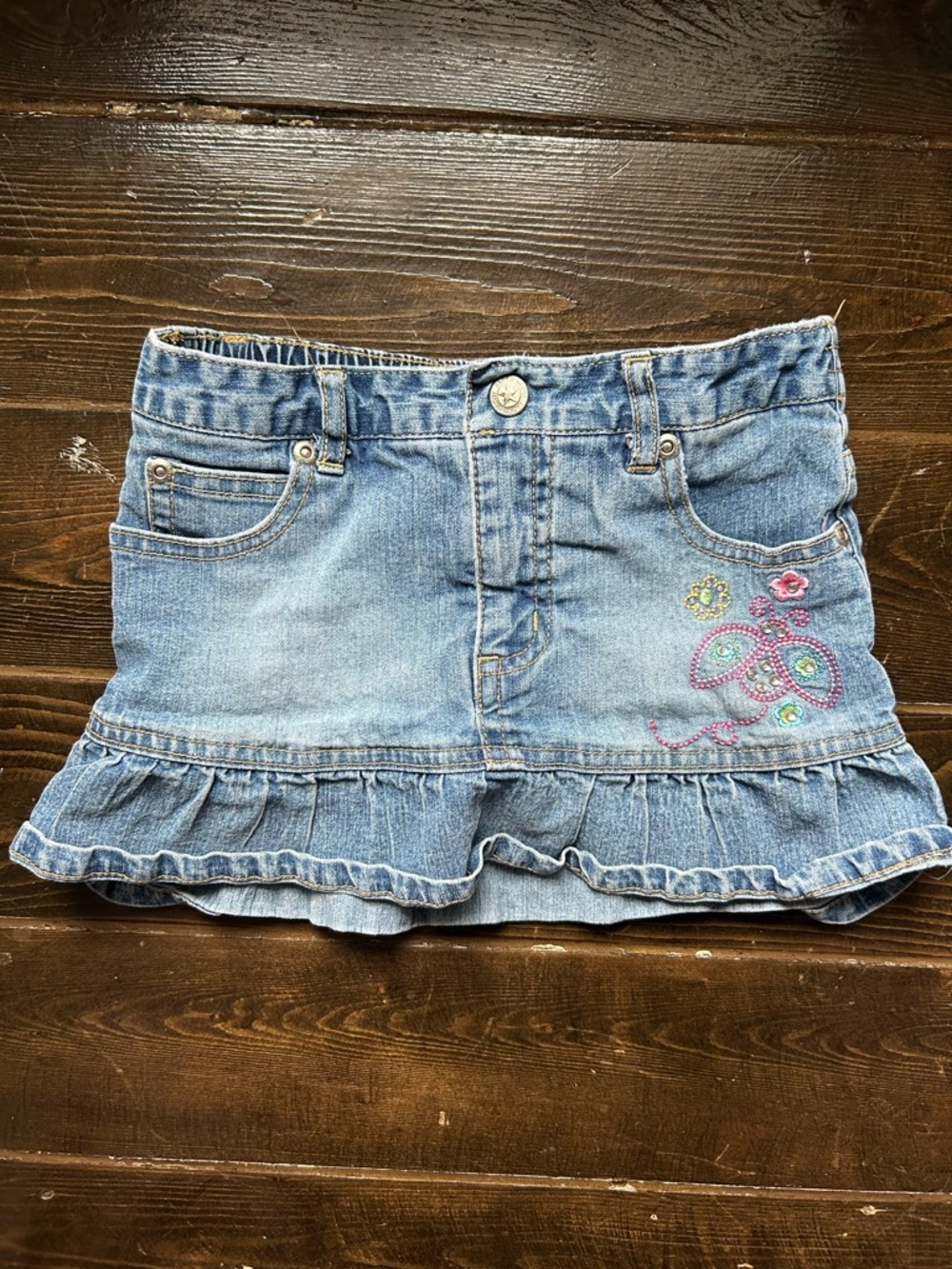 Faded Glory Light Denim Skort with Pink Lady Bug & Floral Embroidered detailing